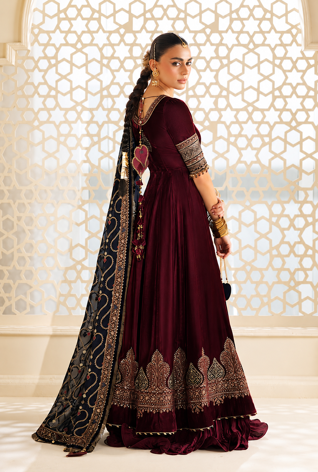 Dilara – Maroon Gold Embroidered Velvet Maxi