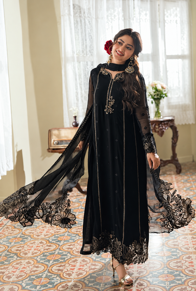 Rubaisha – Onyx Bloom Embroidered Chiffon Suit