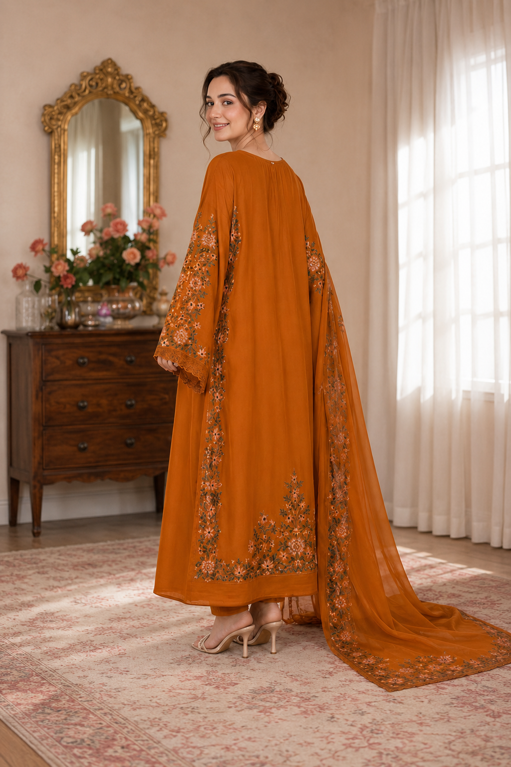 Maliha – Ethnic Inspired Rust Shamoze Silk Suit