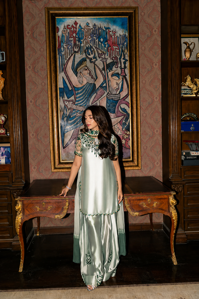 Elham – Golmohar Inspired Mint Shamoze Silk Suit