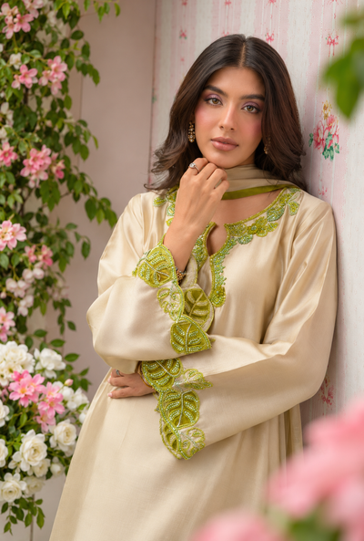 Zehmina – Ivory Lime Embroidered Silk Suit