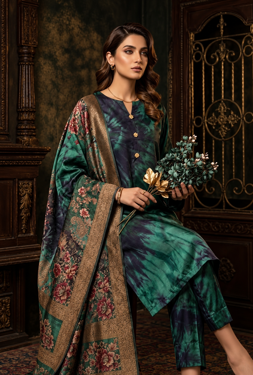 Naveera – Emerald Noir Printed Silk Suit