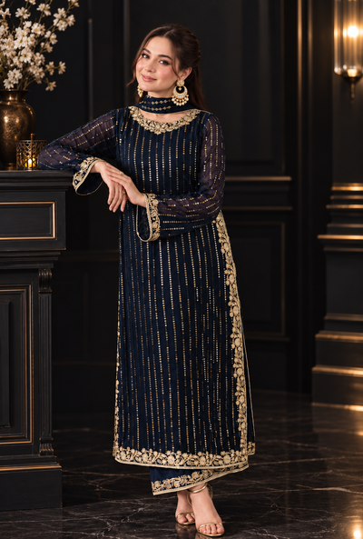 Mehrbano – Midnight Gold Embroidered Chiffon Suit