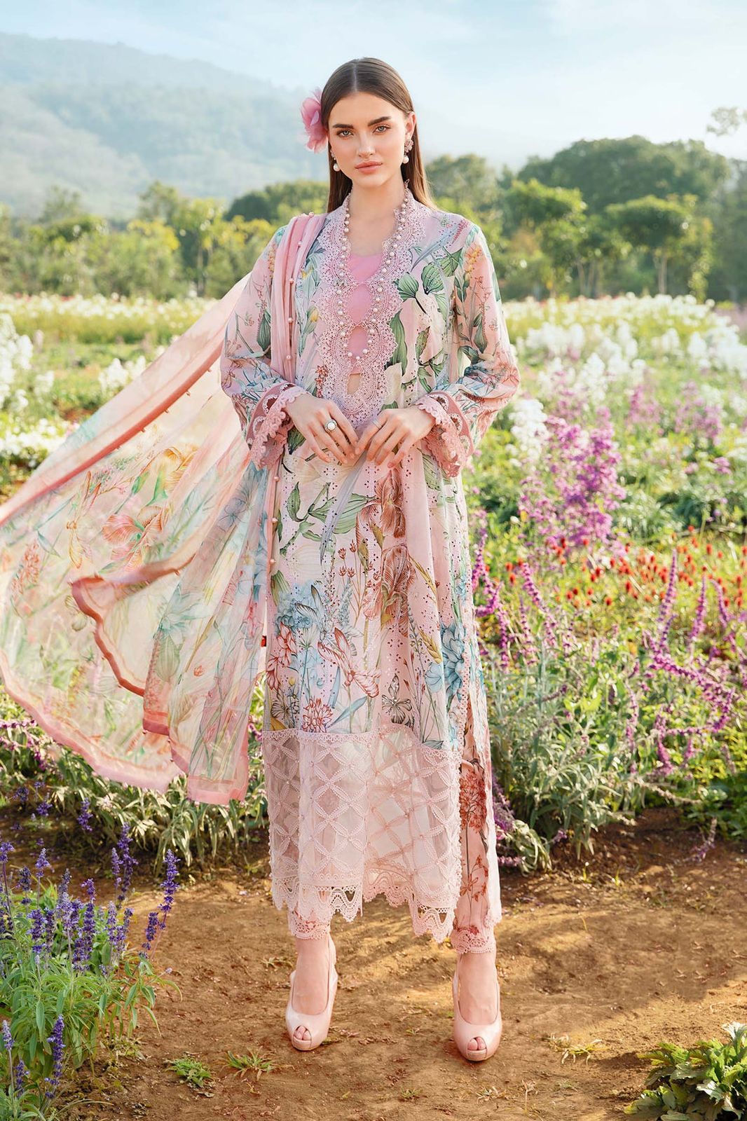Maria b peach chikan digital printed replica - Kapra Collection