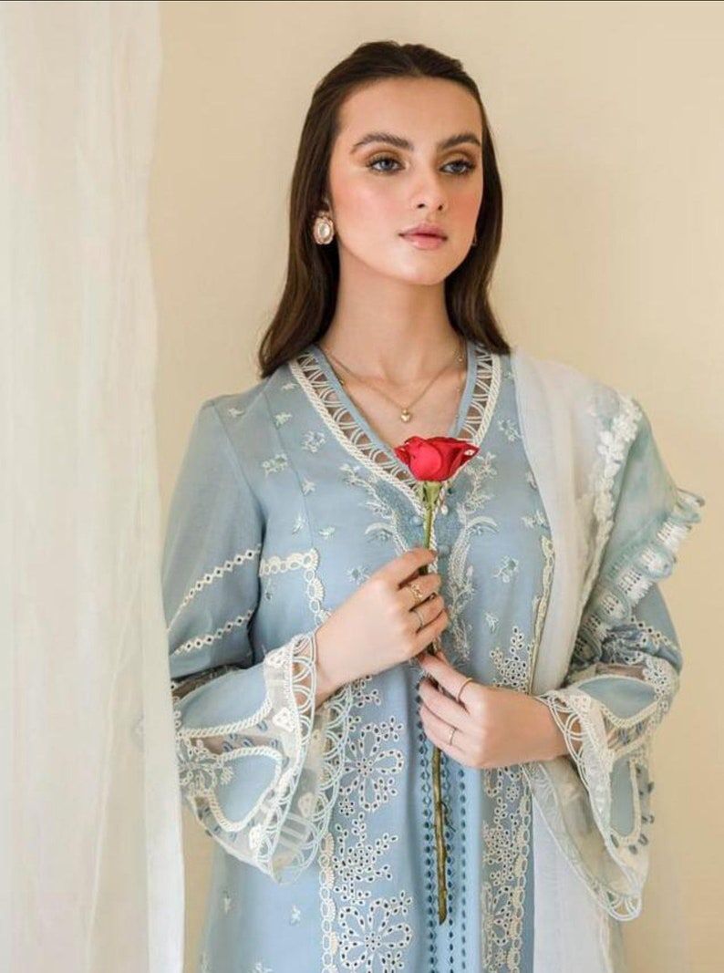 Luxury sky blue embroidered chikankari replica - Kapra Collection