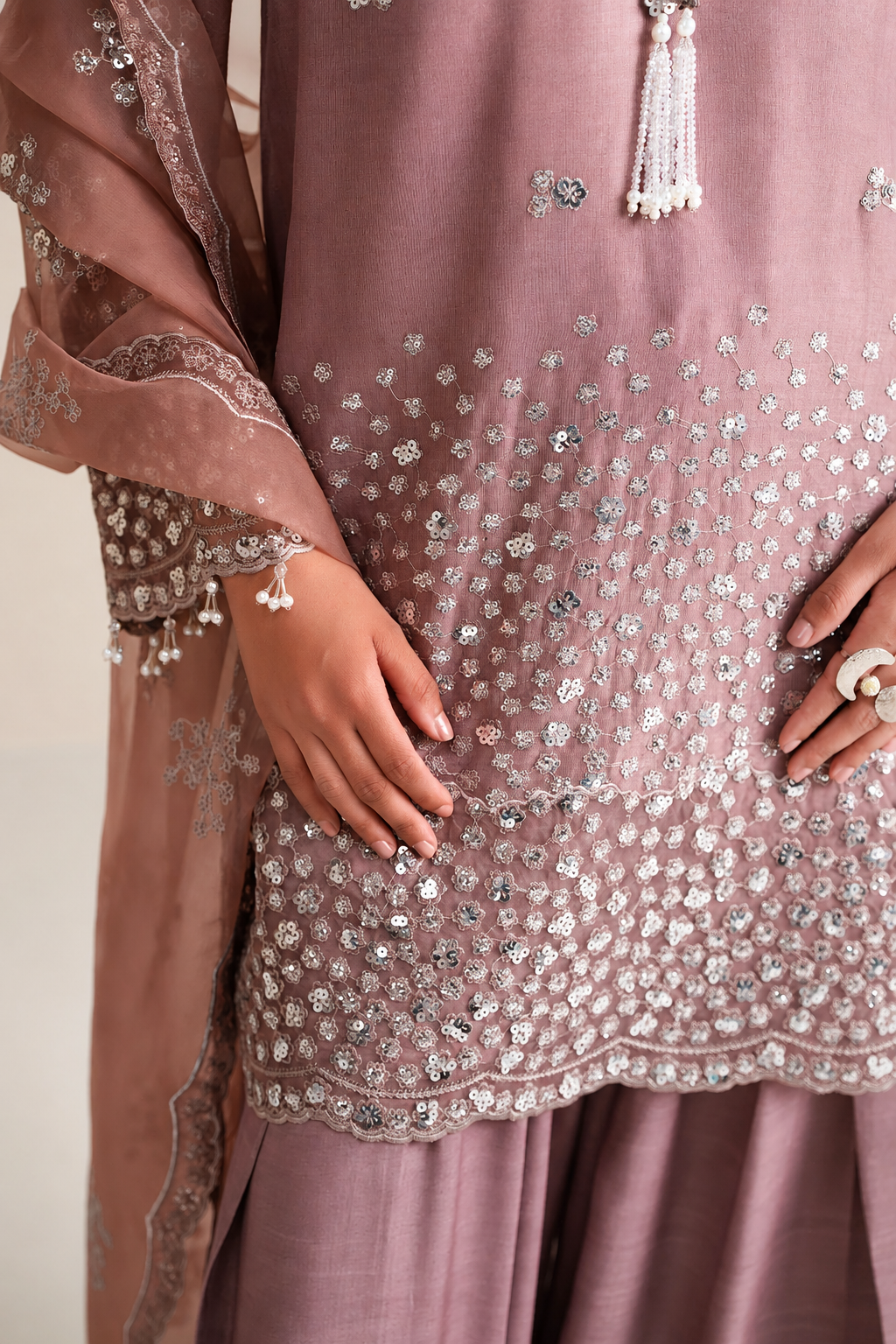 Roshaneh – Thread & Sequin Embroidered Cotton Silk 3 Piece Suit | Unstitched