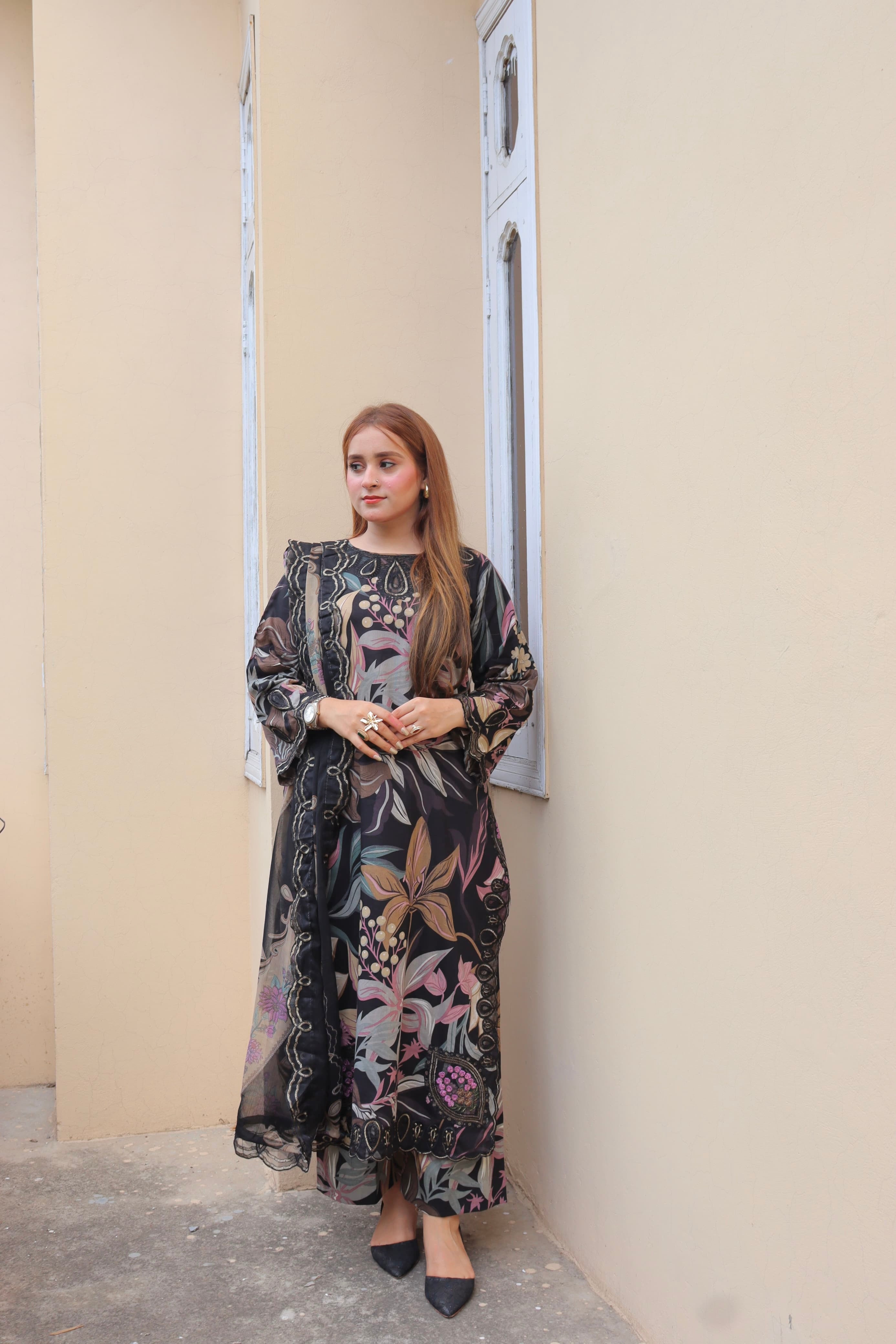 Baroque 3 piece Unstitched Digital Printed Black Dress