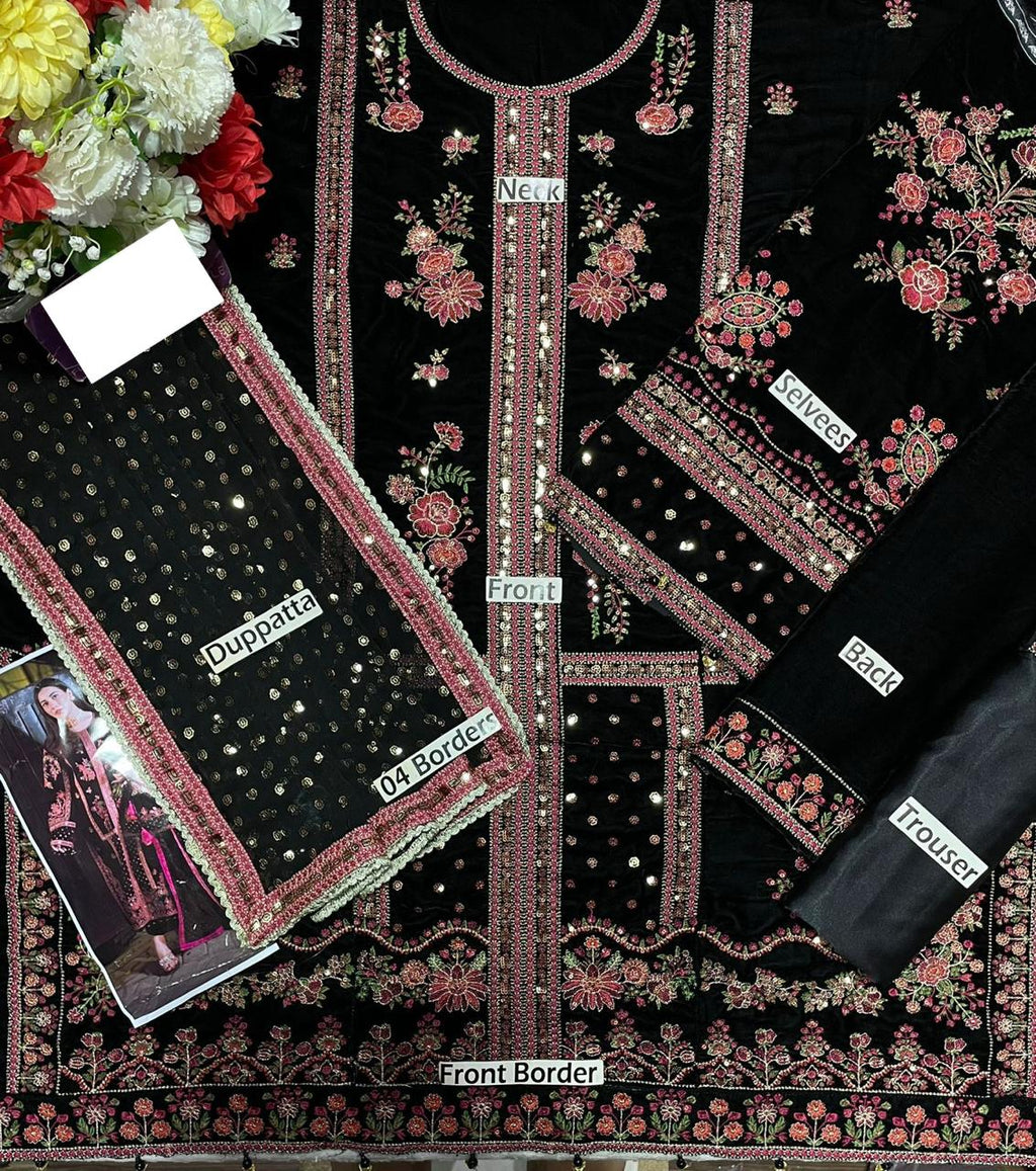 Aneelas - 3PC Velvet Embroidered Suit