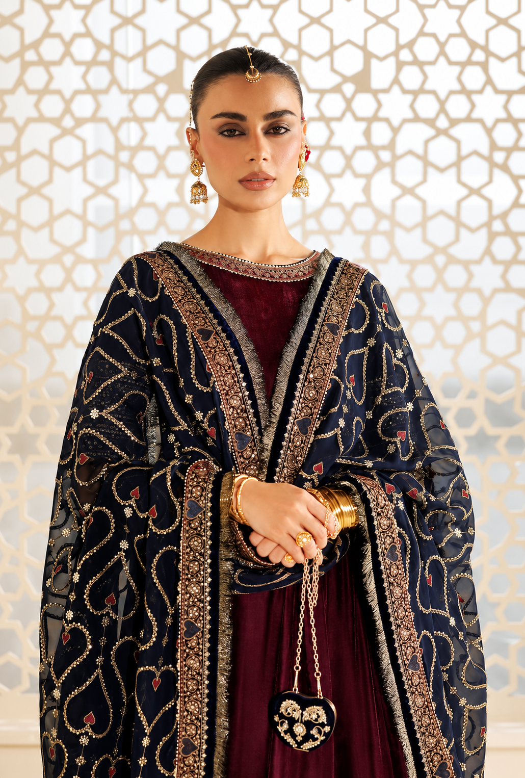 Dilara – Maroon Gold Embroidered Velvet Maxi
