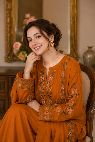 Maliha – Ethnic Inspired Rust Shamoze Silk Suit