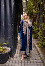 Rafiya – Sapphire Gold Embroidered Velvet Suit