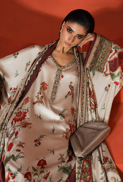 Nashmia – Maria.B Inspired Ivory Maroon Silk Kaftan