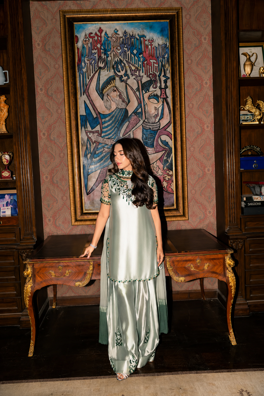 Elham – Golmohar Inspired Mint Shamoze Silk Suit