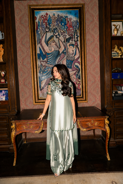 Elham – Golmohar Inspired Mint Shamoze Silk Suit