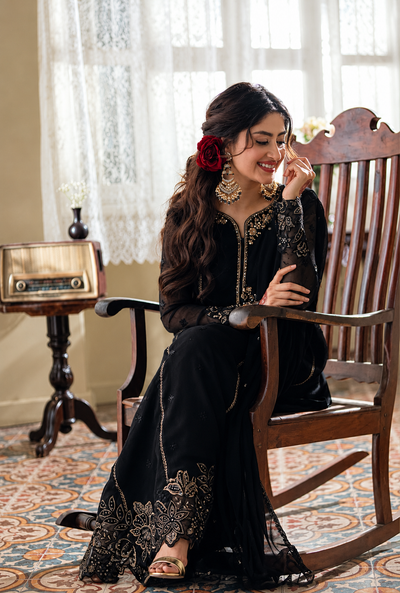 Rubaisha – Onyx Bloom Embroidered Chiffon Suit