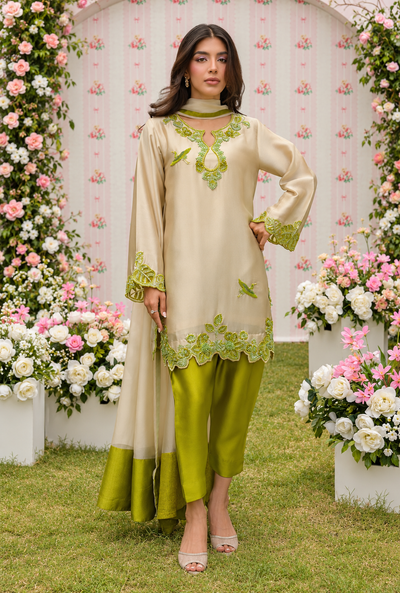 Zehmina – Ivory Lime Embroidered Silk Suit