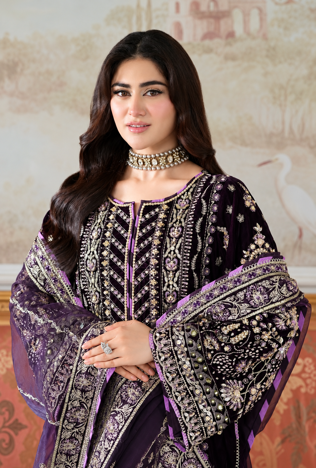 Dureena – Midnight Plum Embroidered Velvet Suit
