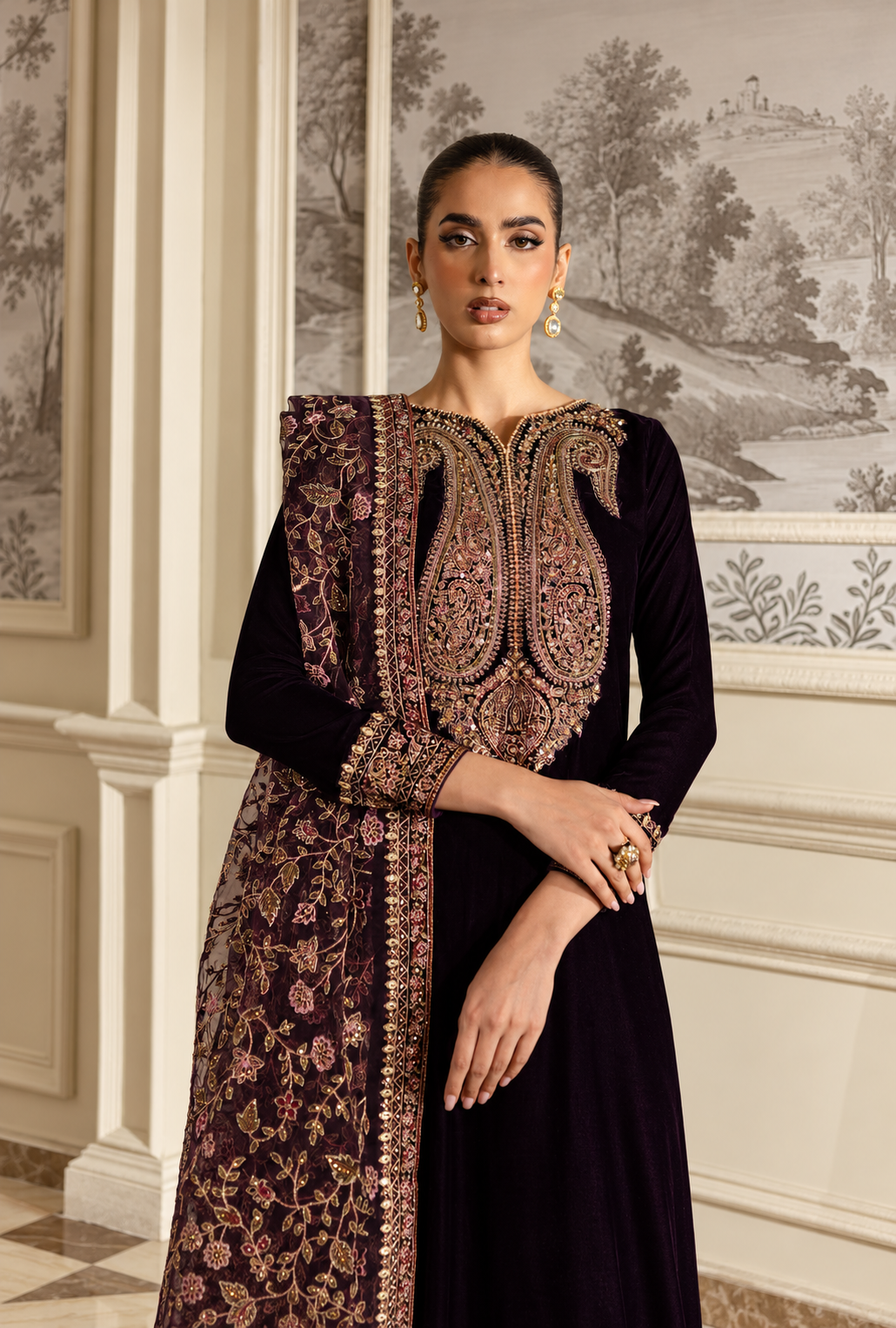 Lamees – Plum Gold Embroidered Velvet Suit