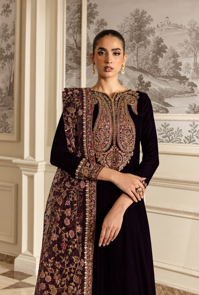 Lamees – Plum Gold Embroidered Velvet Suit