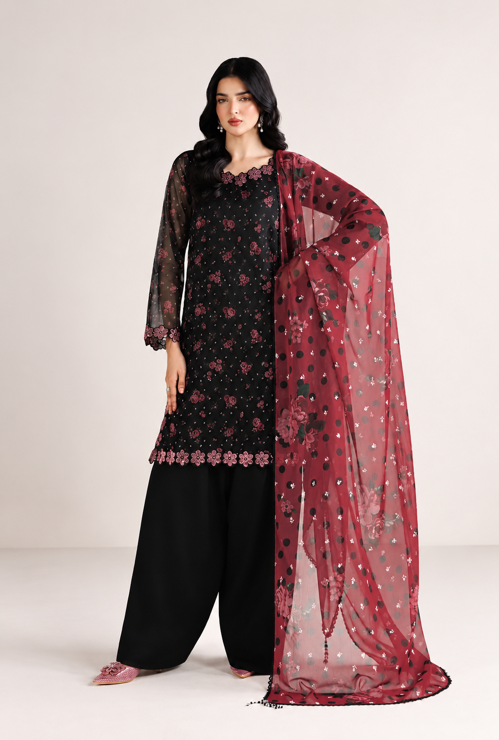Anousha – Noir Rose Embroidered Chiffon Suit