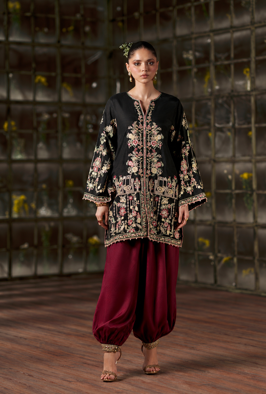 Sareeya – Noir Maroon Embroidered Silk Suit