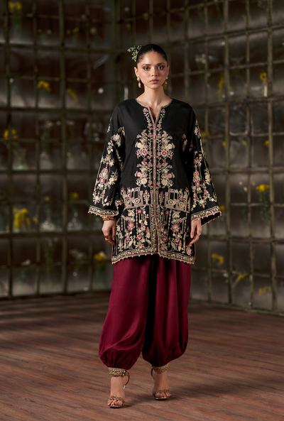 Sareeya – Noir Maroon Embroidered Silk Suit