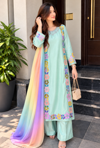 Sahreen – Mint Floral Embroidered Silk Kaftan