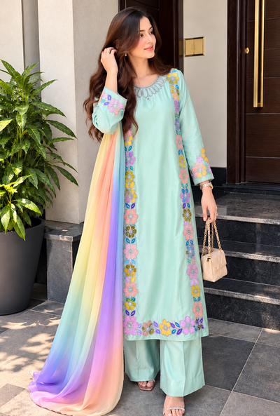 Sahreen – Mint Floral Embroidered Silk Kaftan