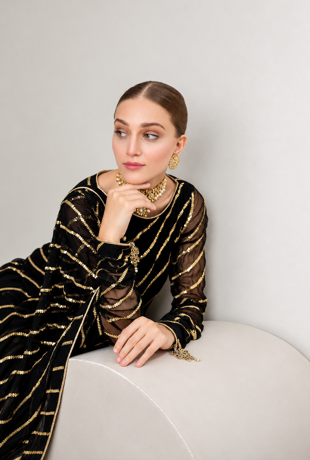 Zarnish – Black Gold Embroidered Chiffon Suit