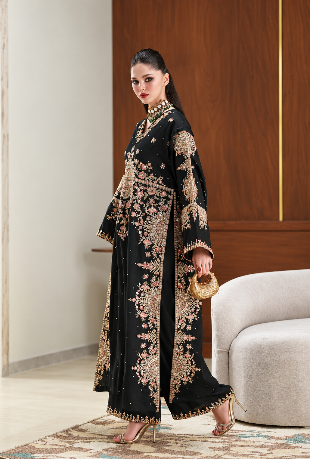 Zohreena – Ethnic Inspired Black Embroidered Silk Kaftan