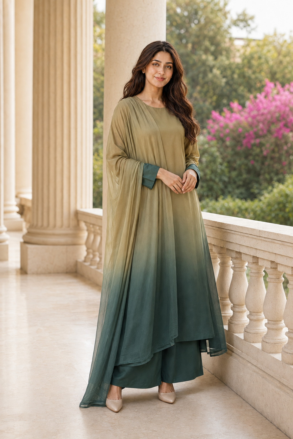 Arooba – Olive Teal Shamoze Silk 3 Piece Suit | Unstitched