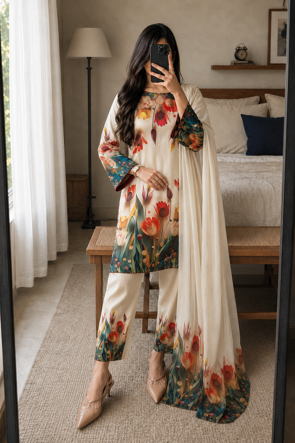 Ayesha – Ivory Tulip Shamoze Silk Suit - Kapra Collection