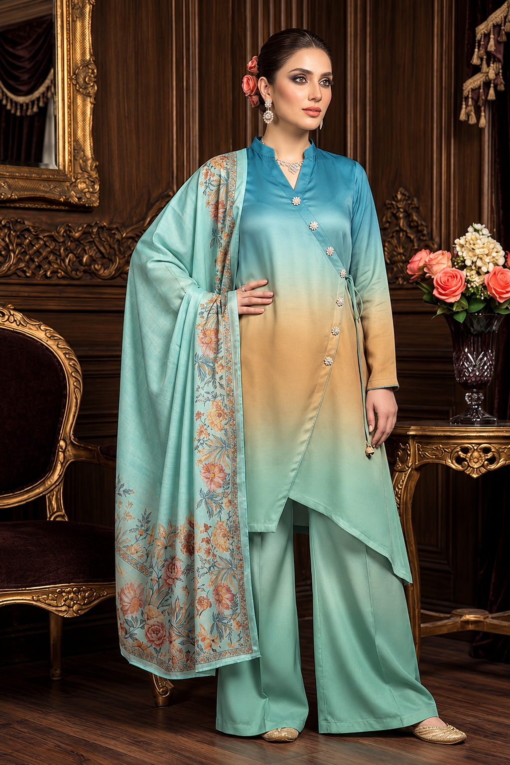 Ruhma – Aqua Sand Shamoze Silk Suit