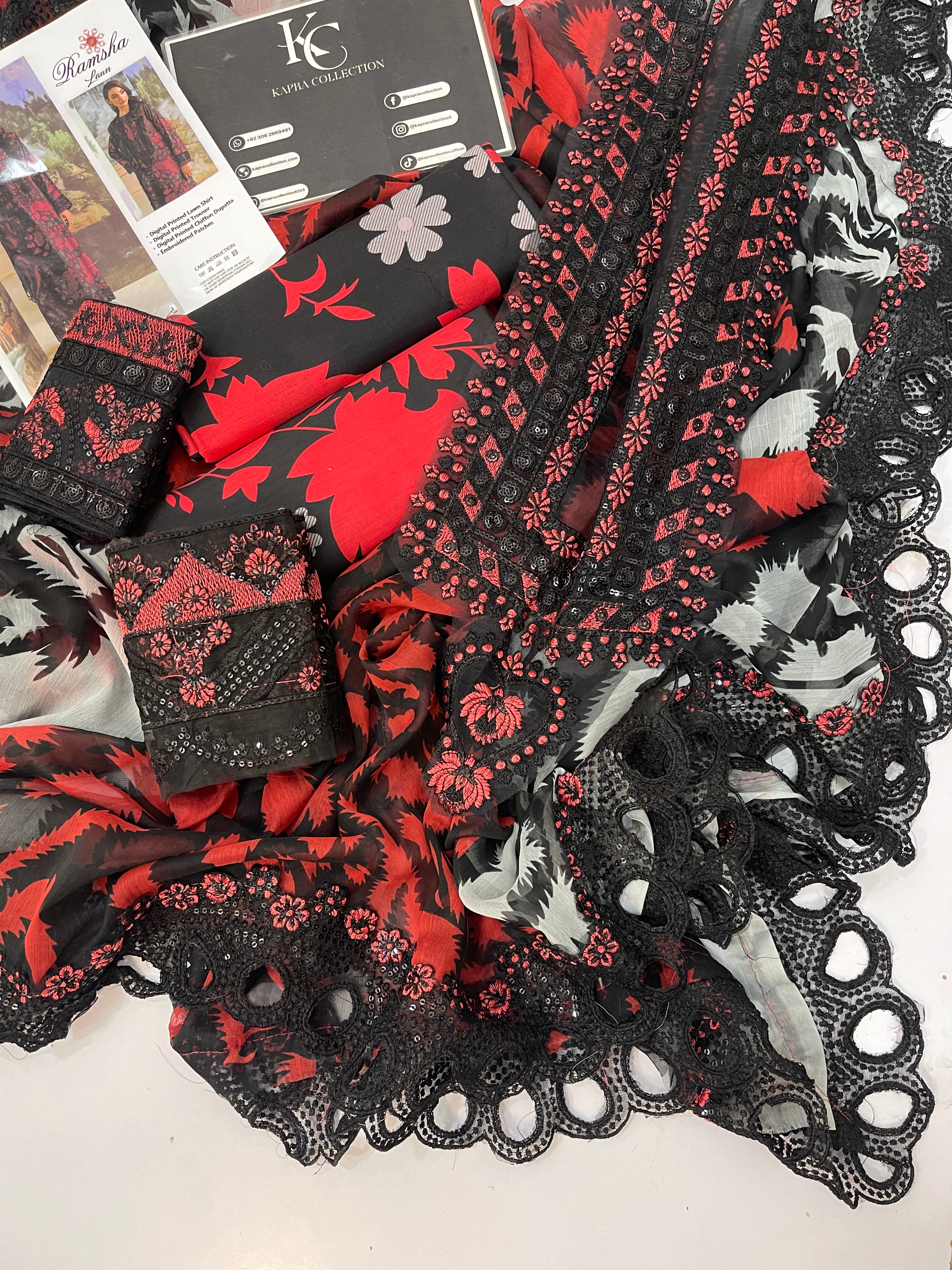 Ramsha Black Lawn 3piece Dress - Kapra Collection