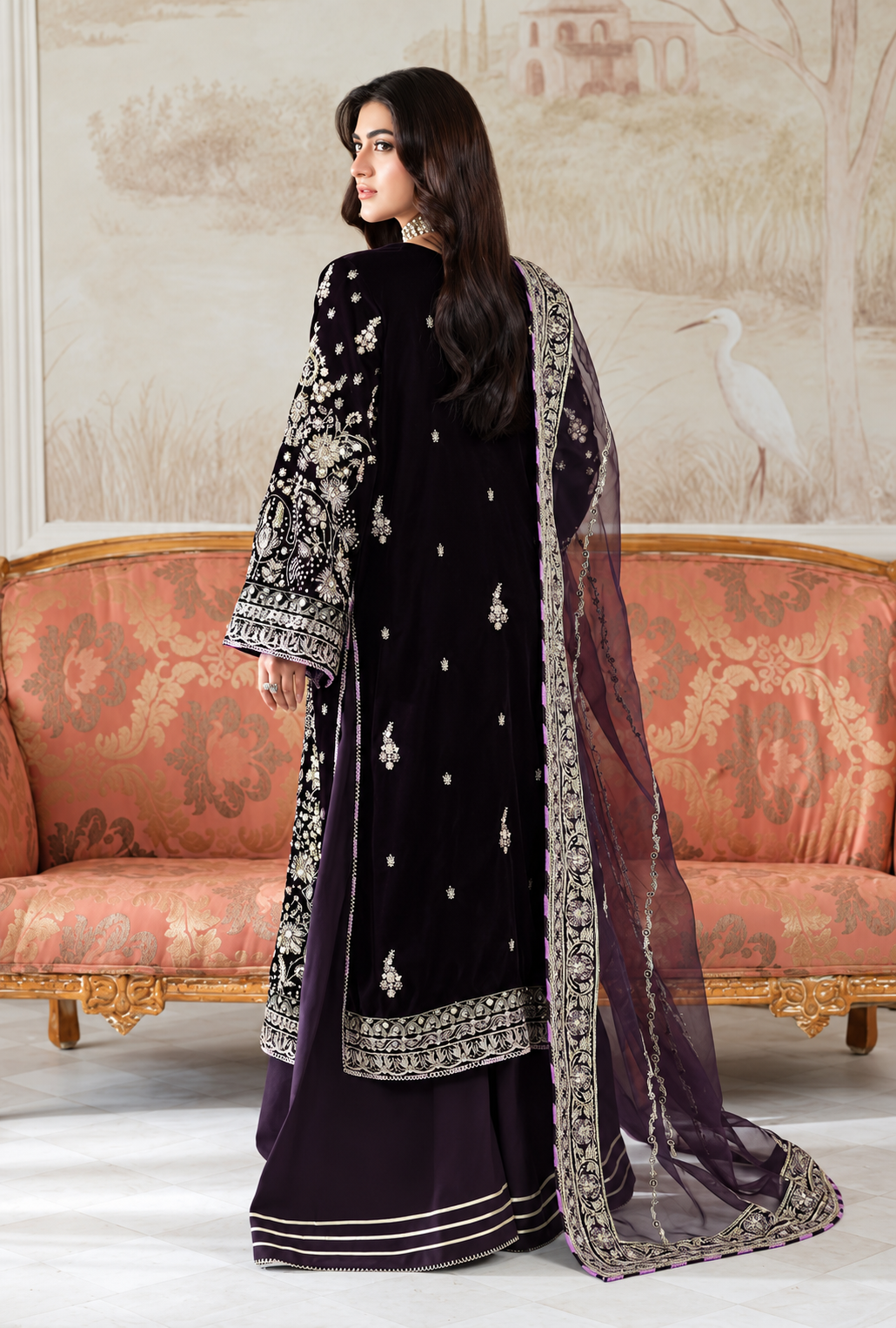 Dureena – Midnight Plum Embroidered Velvet Suit