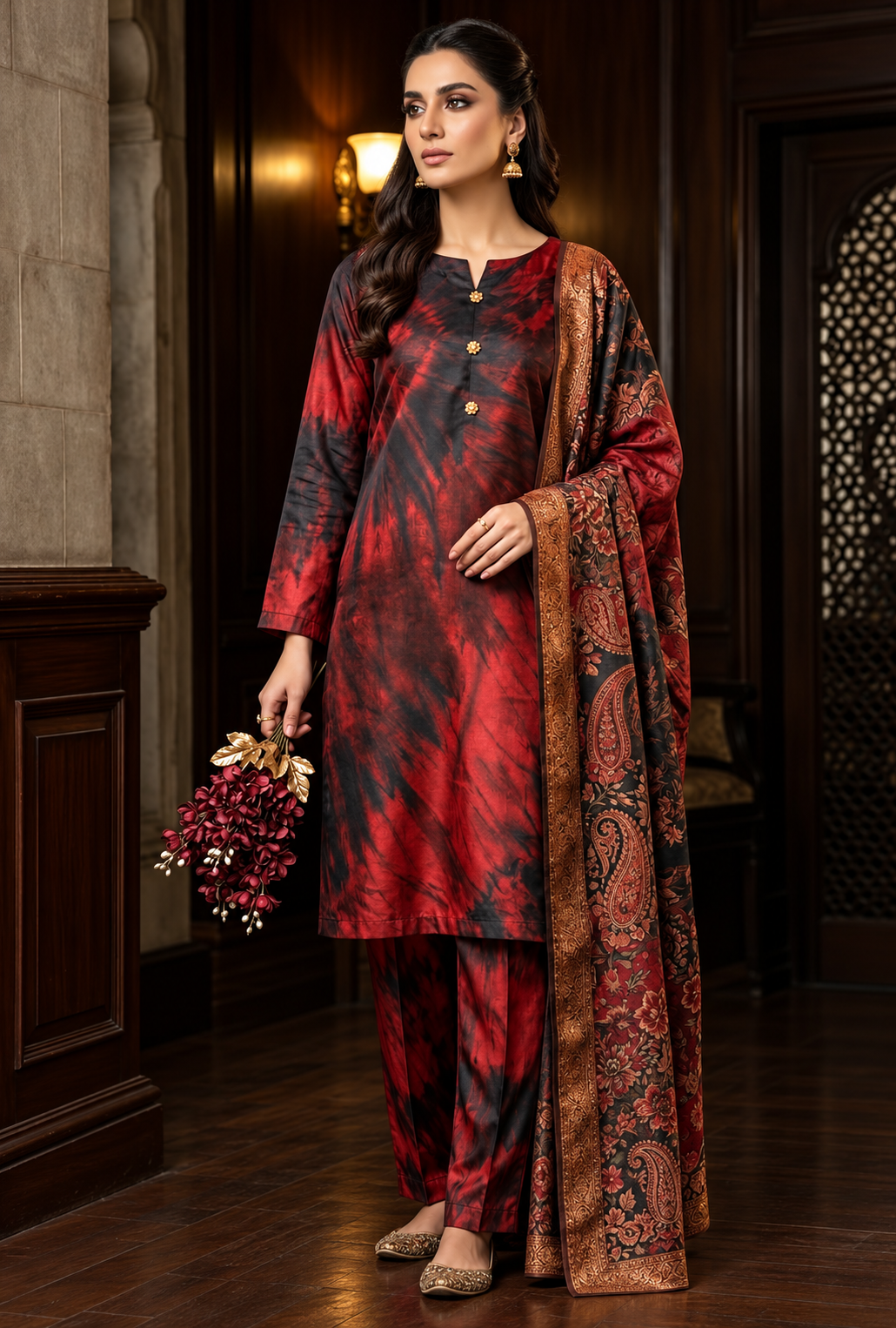 Nayra – Crimson Noir Printed Silk Suit