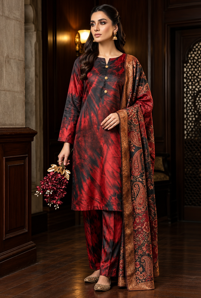 Nayra – Crimson Noir Printed Silk Suit