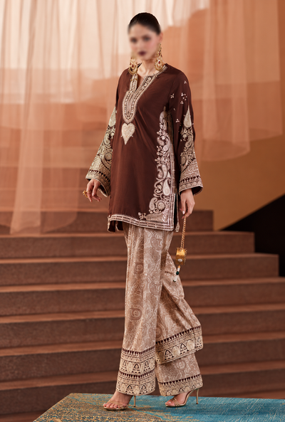 Armeena – Mocha Gold Embroidered Silk Suit