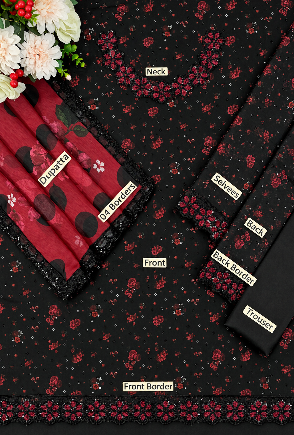 Anousha – Noir Rose Embroidered Chiffon Suit