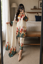 Ayesha – Ivory Tulip Shamoze Silk Suit - Kapra Collection