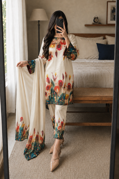 Ayesha – Ivory Tulip Shamoze Silk Suit - Kapra Collection