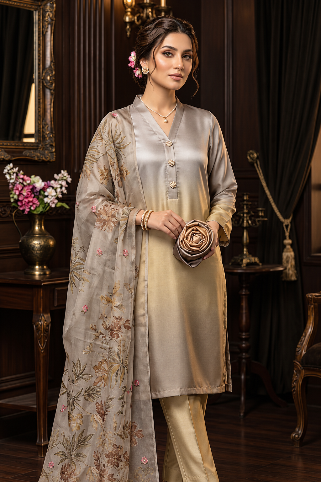 Mishka – Champagne Taupe Shamoze Silk Suit