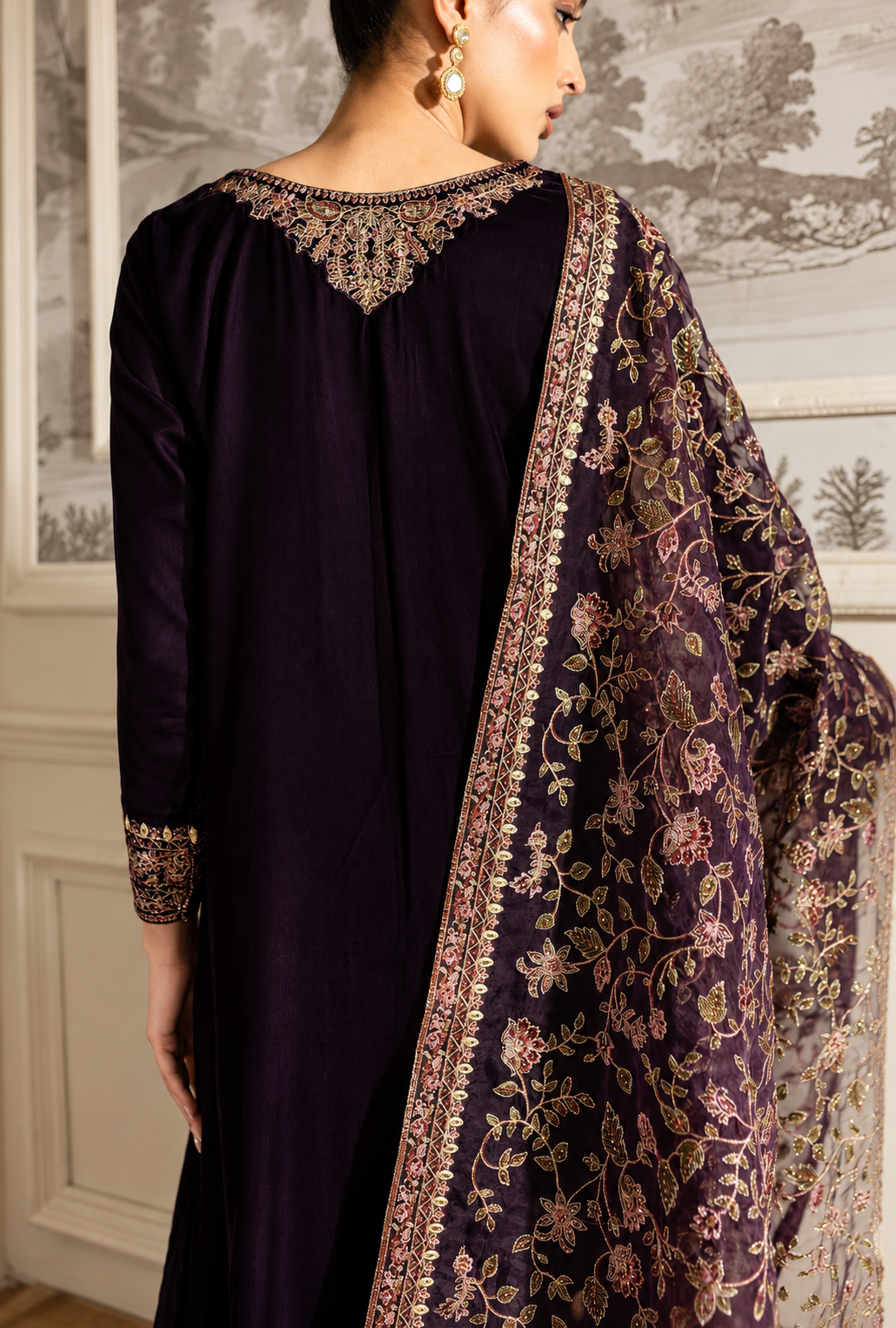 Lamees – Plum Gold Embroidered Velvet Suit
