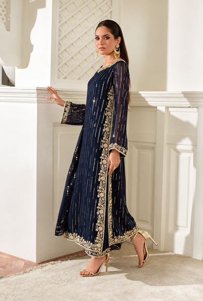 Mehrbano – Midnight Gold Embroidered Chiffon Suit