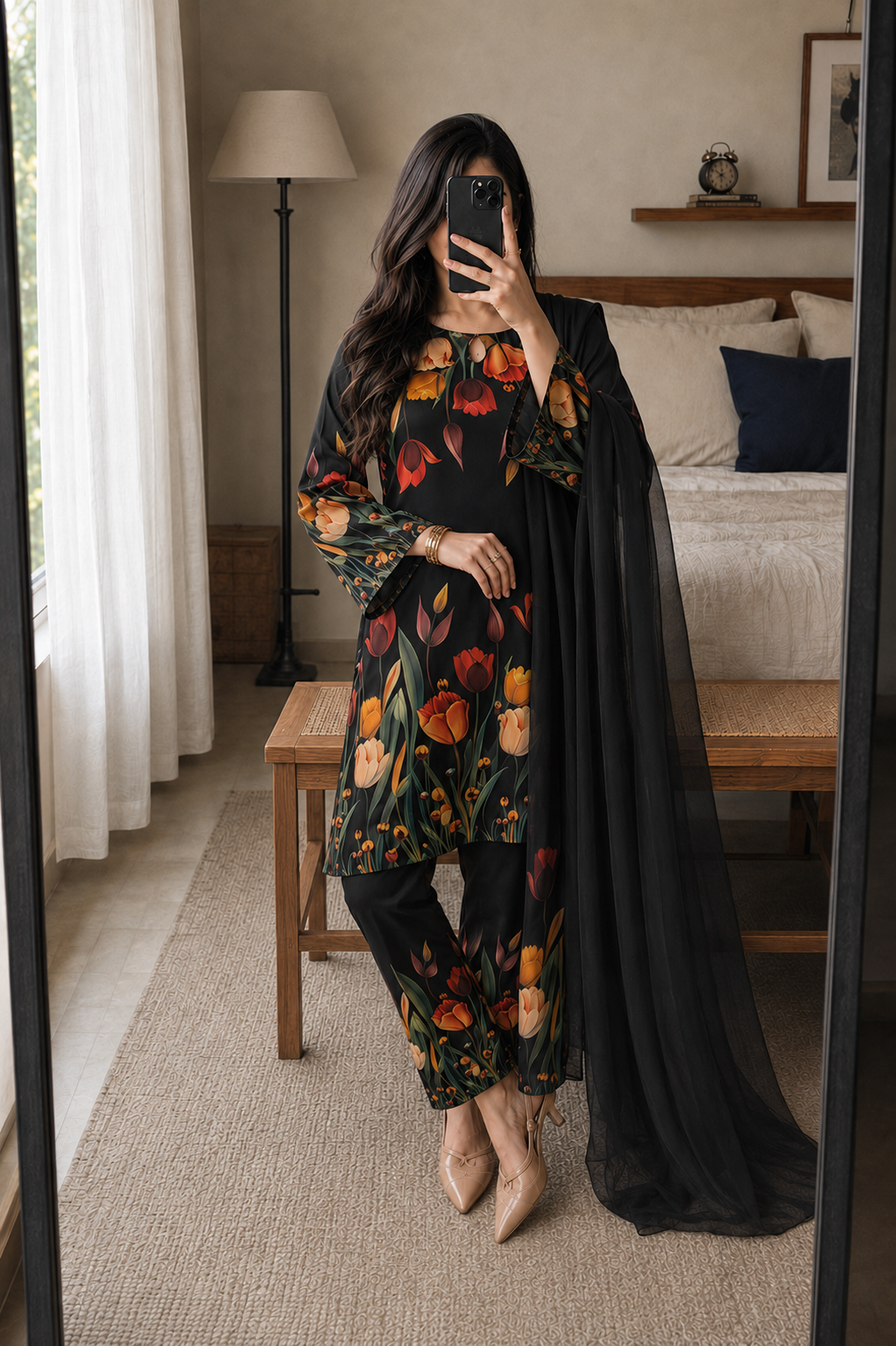 Hoor – Midnight Tulip Shamoze Silk Suit - Kapra Collection