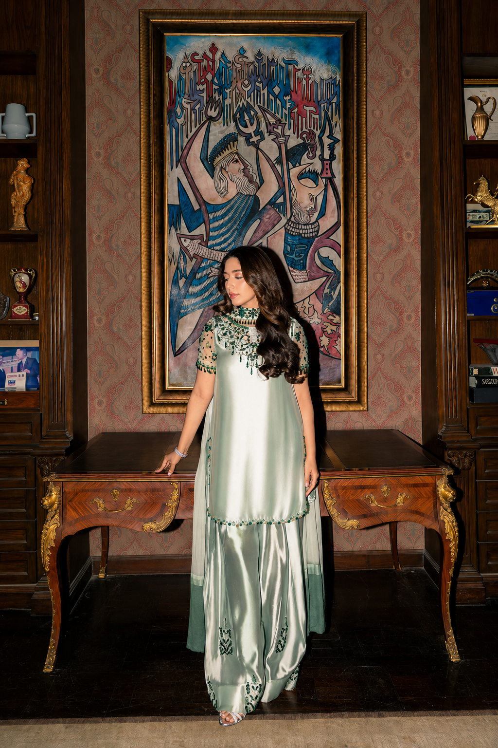 Elham – Golmohar Inspired Mint Shamoze Silk Suit