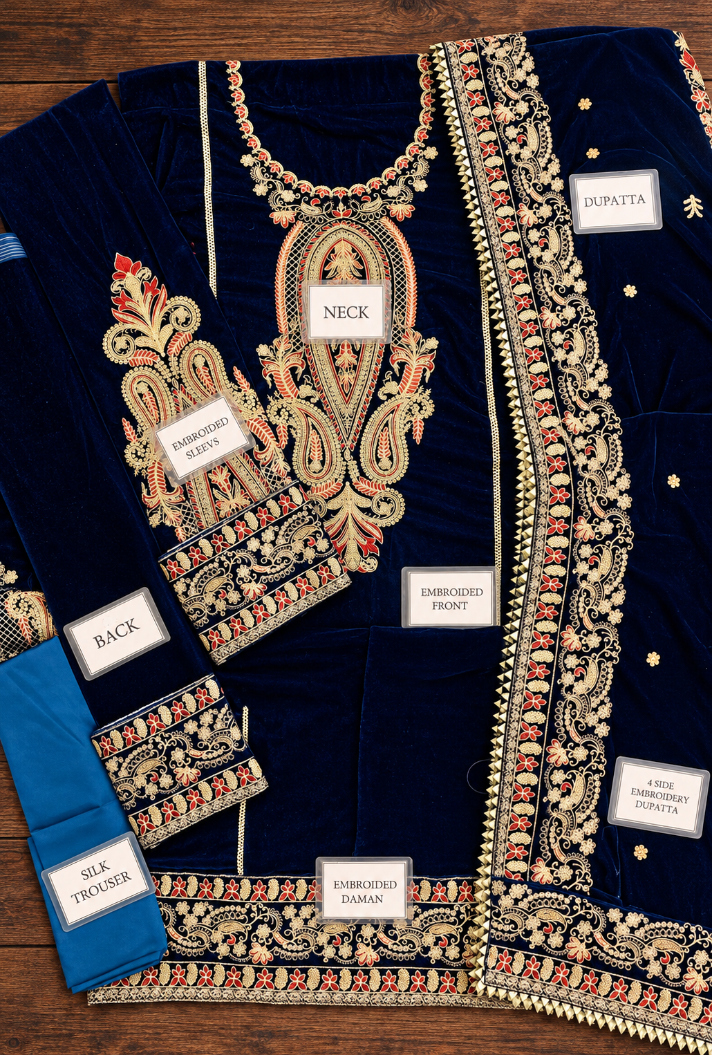 Rafiya – Sapphire Gold Embroidered Velvet Suit