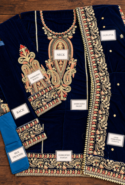 Rafiya – Sapphire Gold Embroidered Velvet Suit