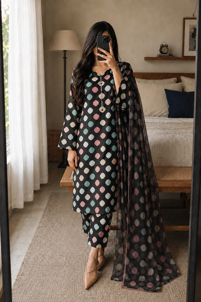 Rania – Midnight Confetti Shamoze Silk Suit