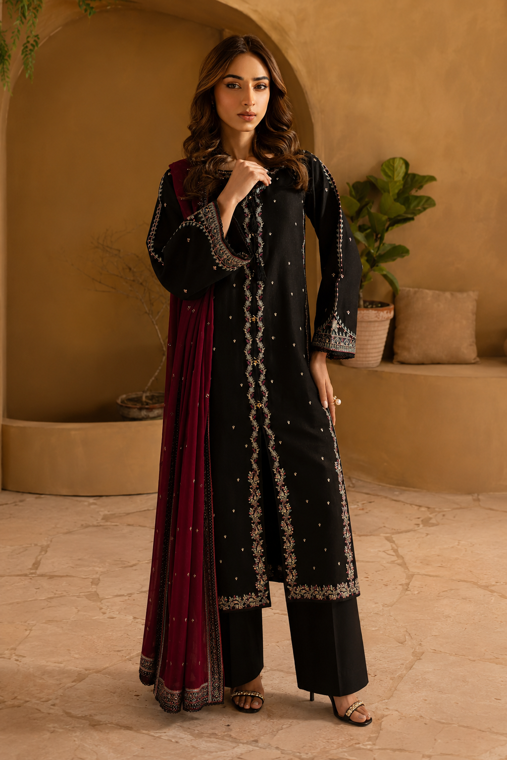 Mahrukh – Noir Maroon Embroidered Cotton Silk 3 Piece Suit | Unstitched